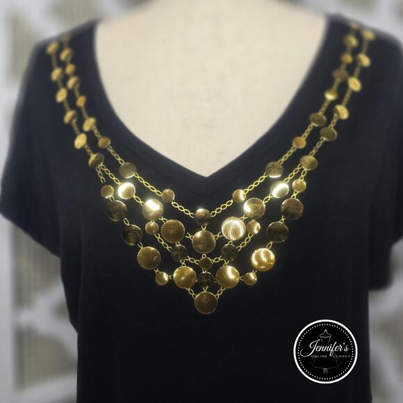 August Silk Black V Neck Embellished Gold Circle Necklace Knit Top Size Medium - Picture 4 of 10